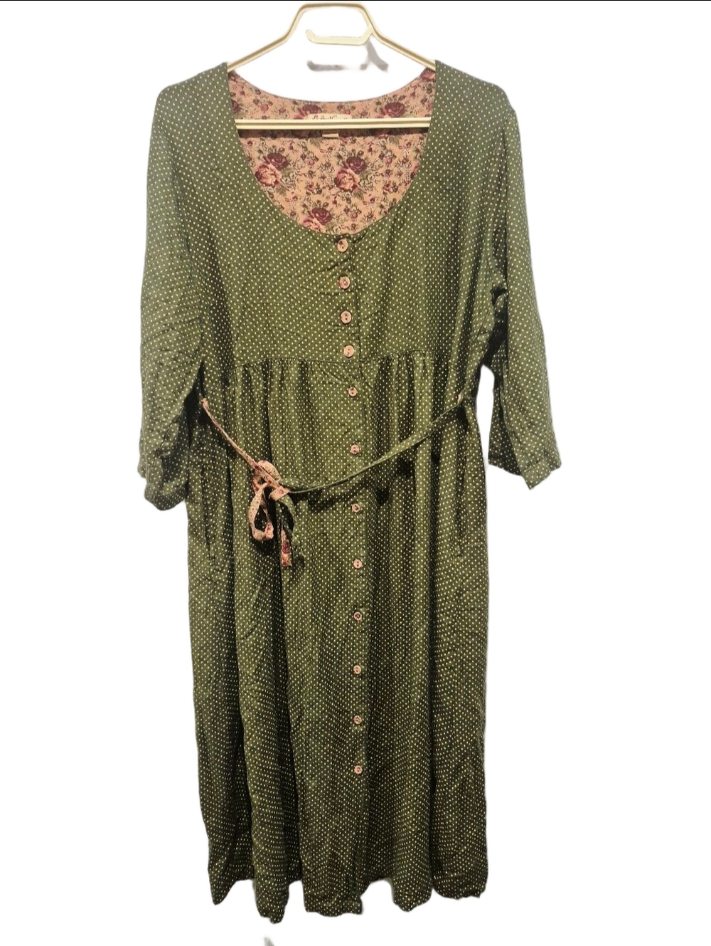 April Cornell Olive Green Polka Dot Button-Front Midi Dress Large Floral Lining
